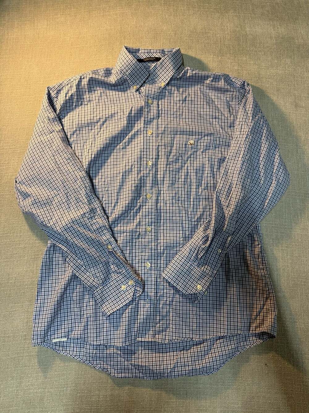 Cotton Brothers Men's Blue Plaid Wrinkle Free Button Down Shirt Size L